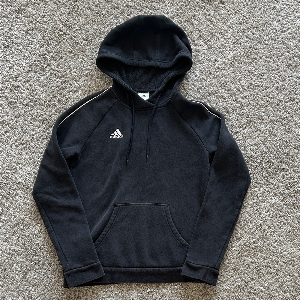 Adidas Women's Black Hoodie with White Logo and Front Pouch